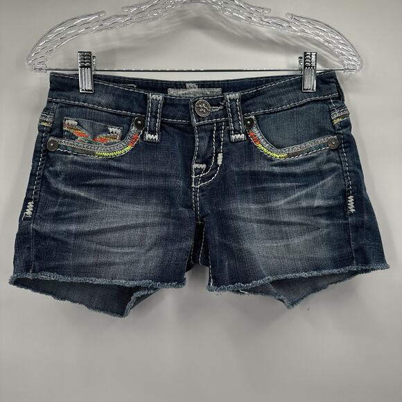 Big Star Shorts Womens 24 Blue Denim Jean MulticolorNeon Embroidered Distressed - Picture 2 of 14